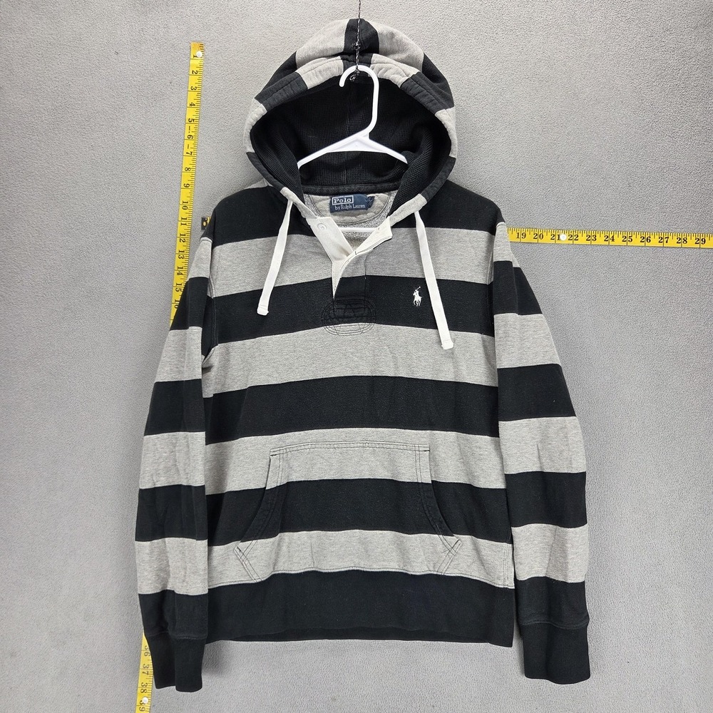 VTG Polo Ralph Lauren Hoodie Mens Medium Gray Black Stripe Henley Kangaroo Rugby